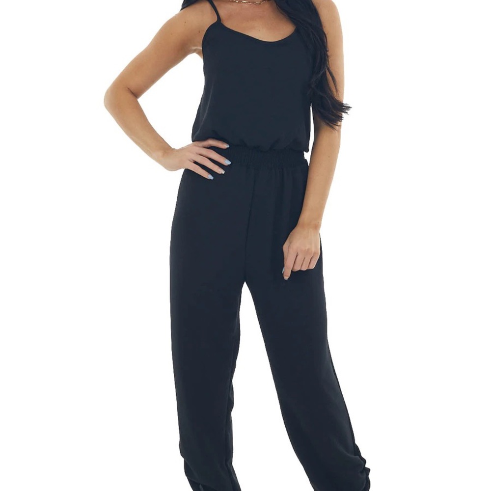 Black Sleeveless Smocked Waist Woven Jumpsuit